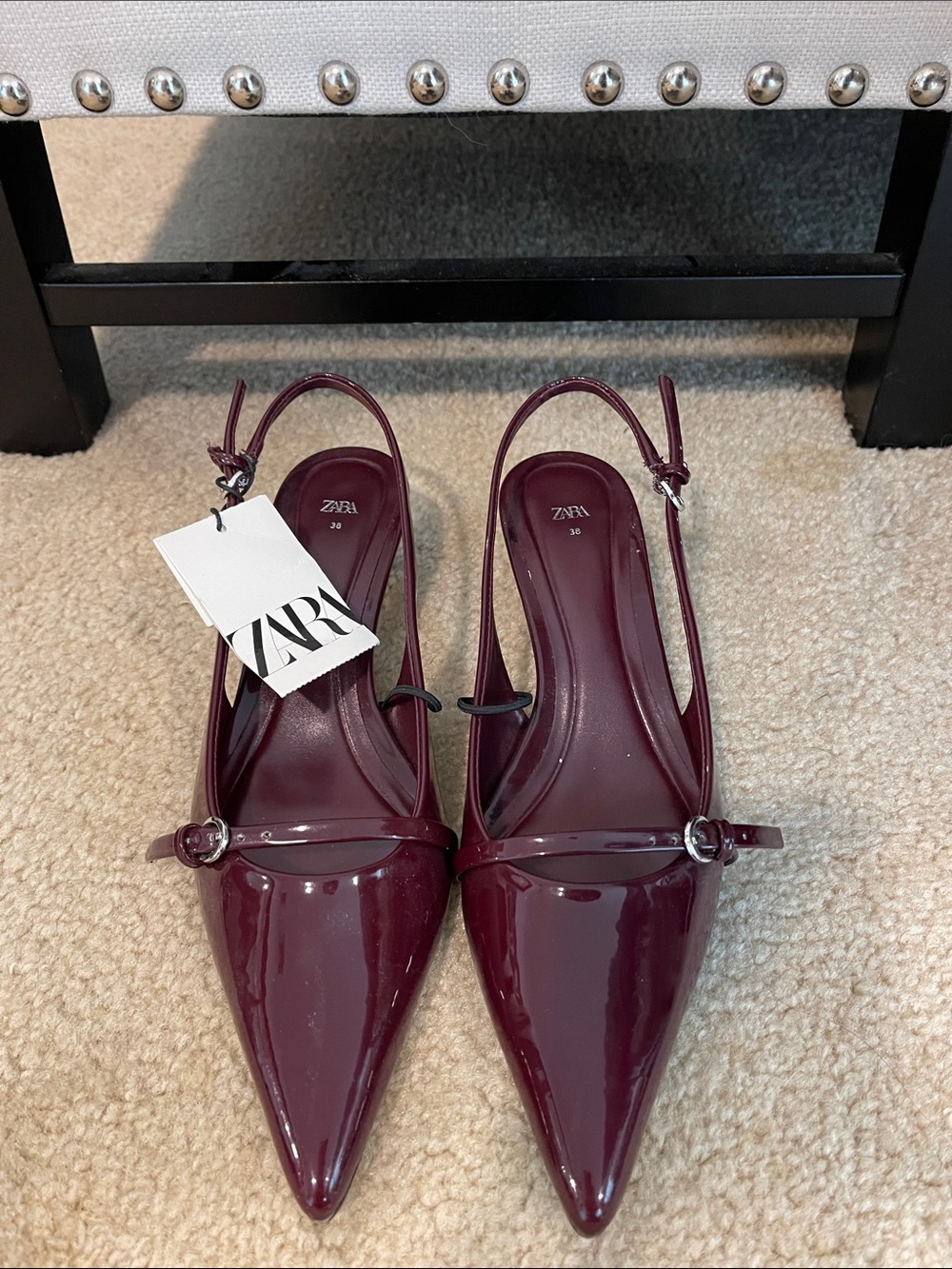 Zara Burgundy Patent Pointed Slingback Flats